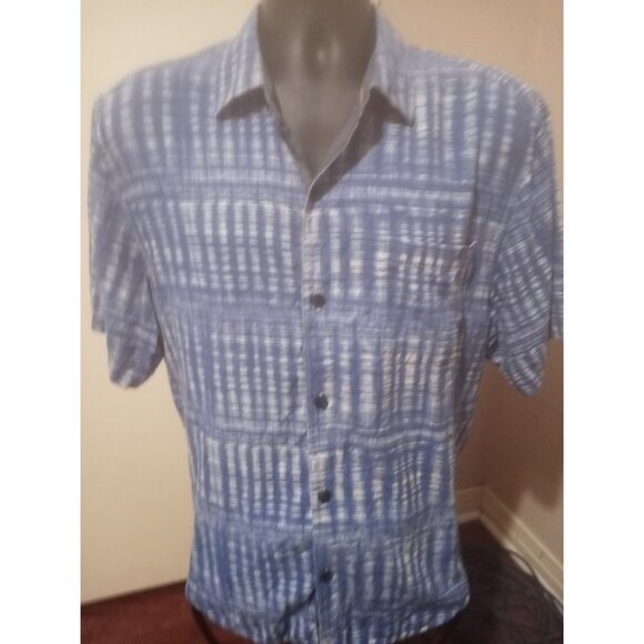 Tommy Bahama Mens Short Sleeve 100% Silk Button Up Shirt Sz Large L Blue Striped - Picture 1 of 14